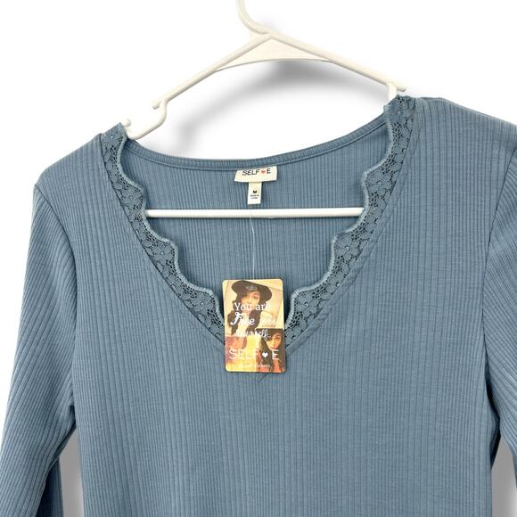 NEW Self Esteem Blue Bodysuit Size Medium Ribbed Knit Long Sleeve Lace Trim - Picture 3 of 6